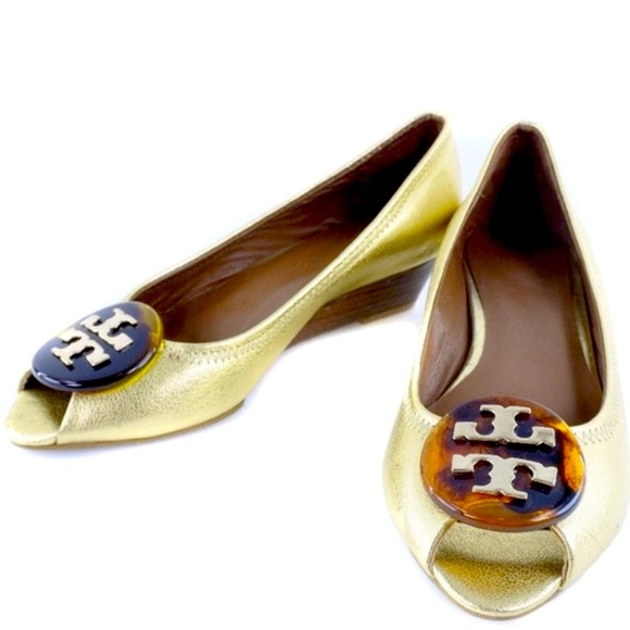 Tory Burch Tumbled Wedge Tortoise Shell Gold Leather Shoe Size 9 MSRP $375 - Picture 1 of 10